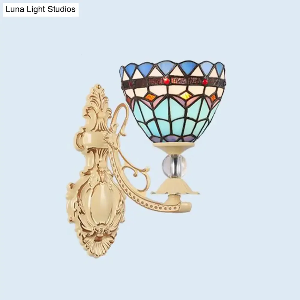 1-Light Mediterranean Wall Mounted Outdoor Lamp - Cut Glass White/Red/Pink Sconce