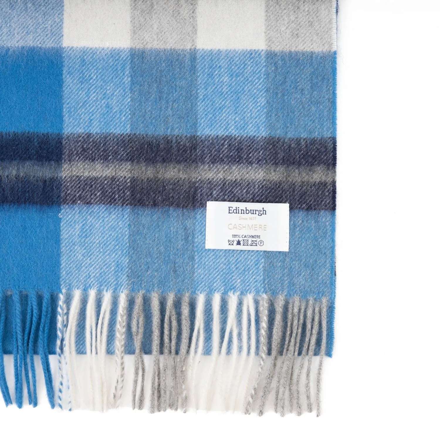 100% Cashmere Wide Tartan Scarf Scots Check – Kintyre Blue/Pewter