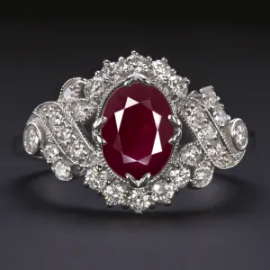 1.60ct RUBY DIAMOND VINTAGE STYLE RING OVAL CUT COCKTAIL ENGAGEMENT NATURAL RED