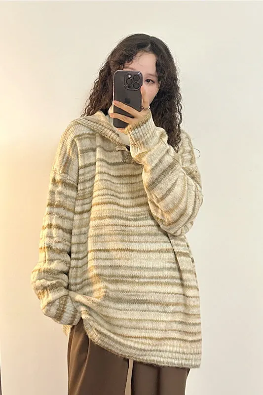 American Retro Hong Kong Style Loose Casual Striped Hooded Sweater Knitwear