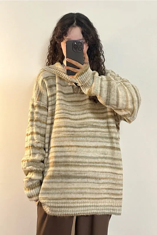 American Retro Hong Kong Style Loose Casual Striped Hooded Sweater Knitwear