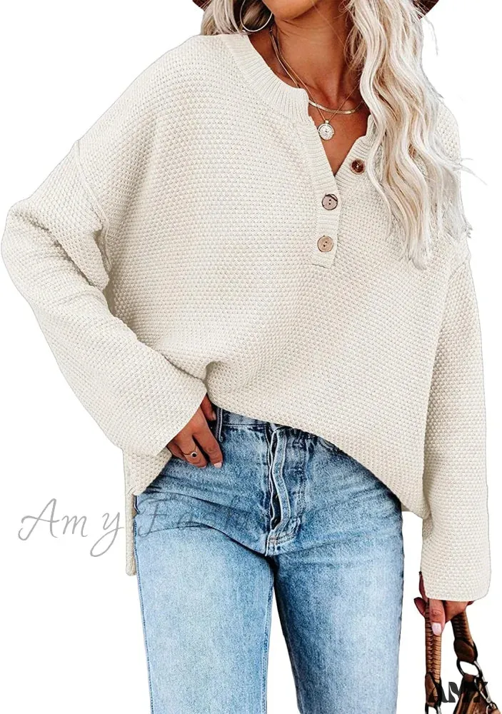 Amy Fashion - Women's Batwing Long Sleeve Loose V Neck Button Top