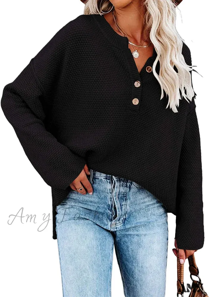 Amy Fashion - Women's Batwing Long Sleeve Loose V Neck Button Top