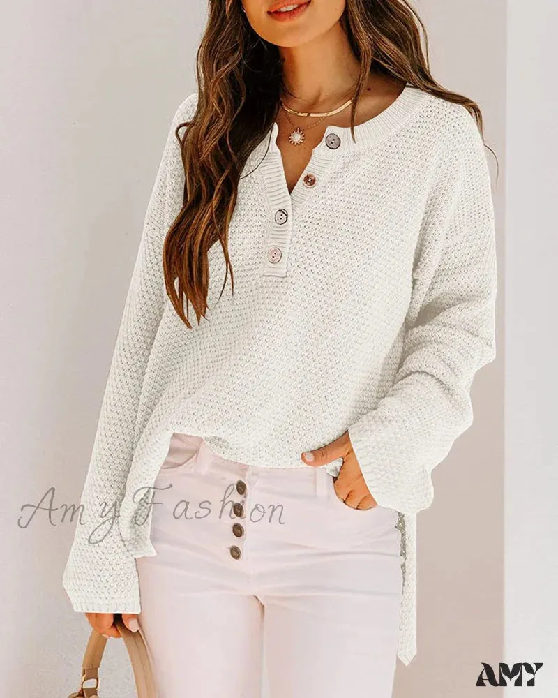 Amy Fashion - Women's Batwing Long Sleeve Loose V Neck Button Top