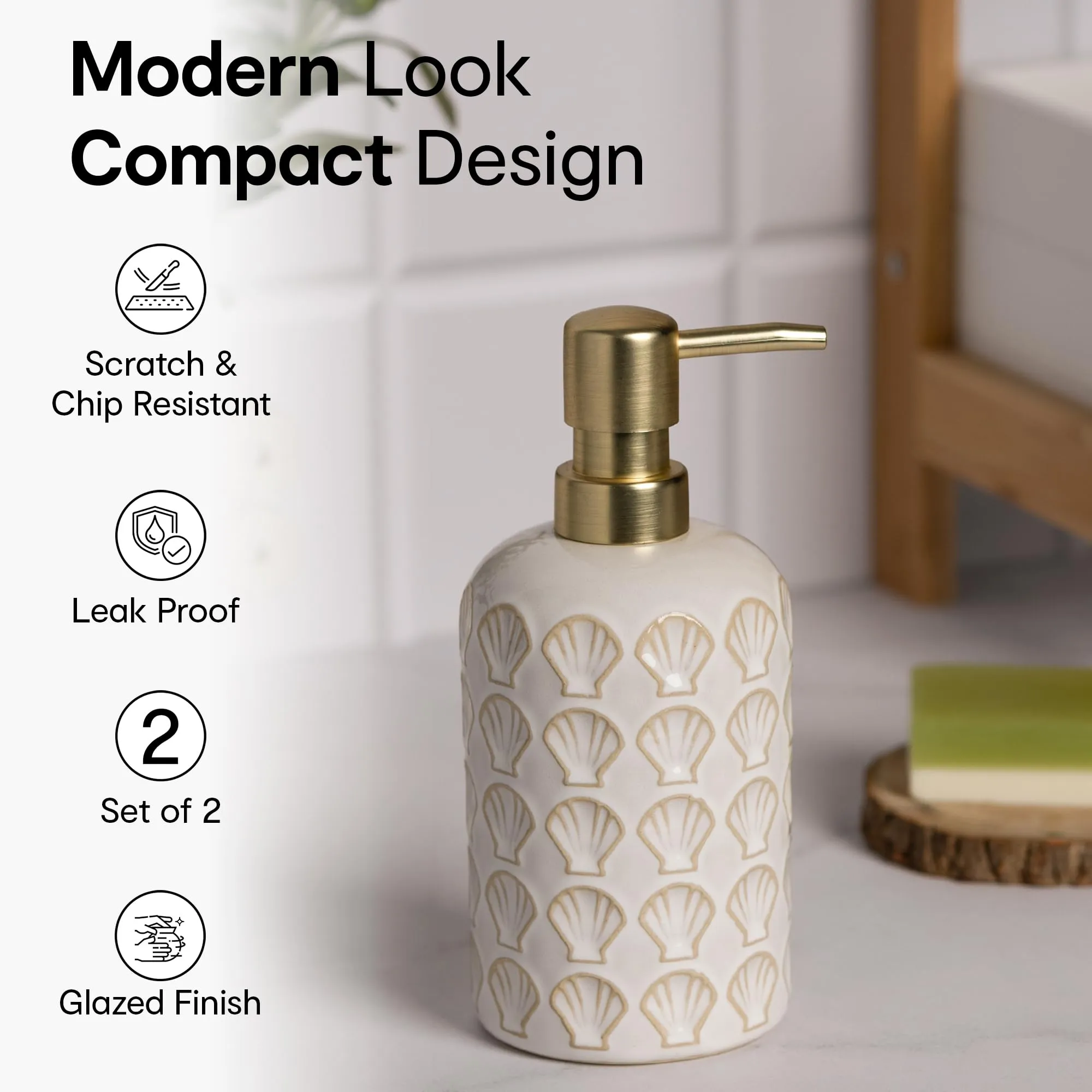 Anko Ceramic, Bamboo & Plastic Soap Dispenser- Set of 3 | Rust-Proof, Leak-Proof, Moisture-Resistant | Matte Finish, Easy to Clean (White Shell)