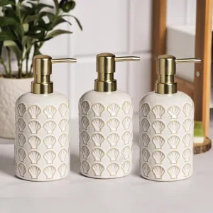 Anko Ceramic, Bamboo & Plastic Soap Dispenser- Set of 3 | Rust-Proof, Leak-Proof, Moisture-Resistant | Matte Finish, Easy to Clean (White Shell)