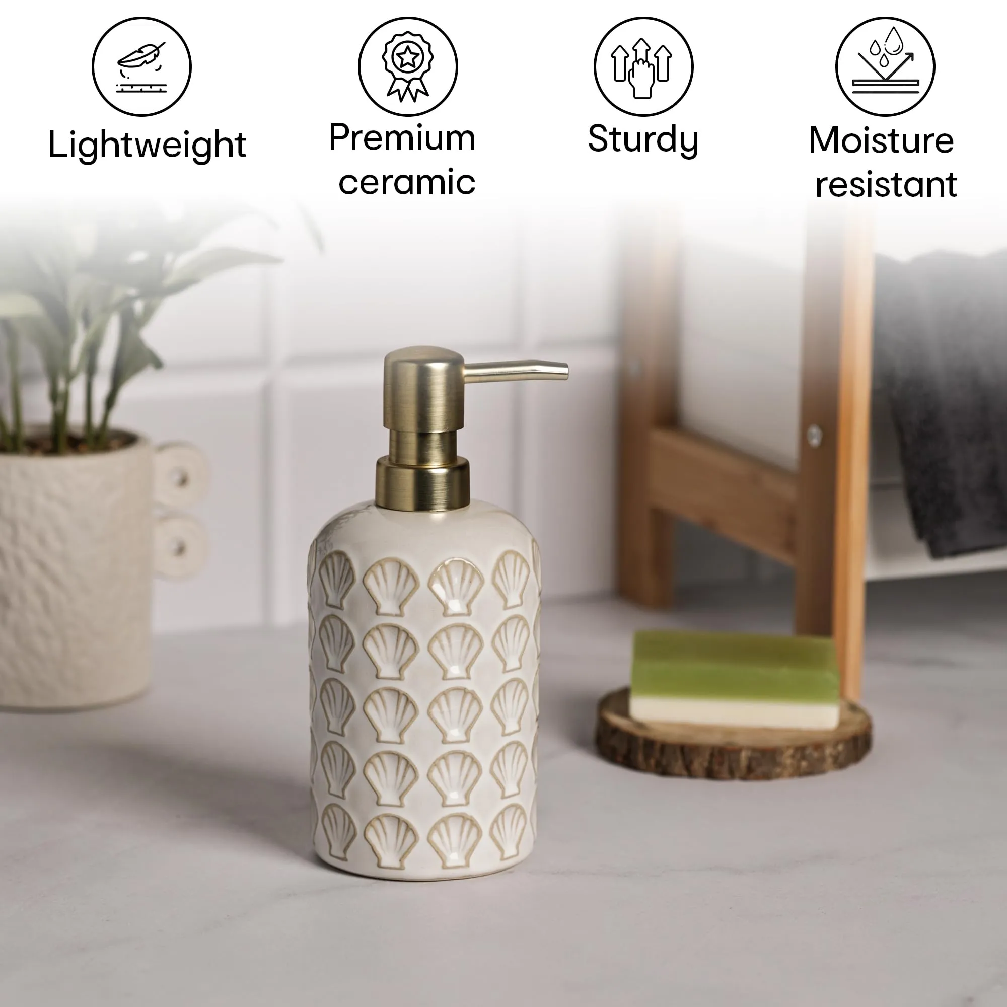 Anko Ceramic, Bamboo & Plastic Soap Dispenser- Set of 3 | Rust-Proof, Leak-Proof, Moisture-Resistant | Matte Finish, Easy to Clean (White Shell)