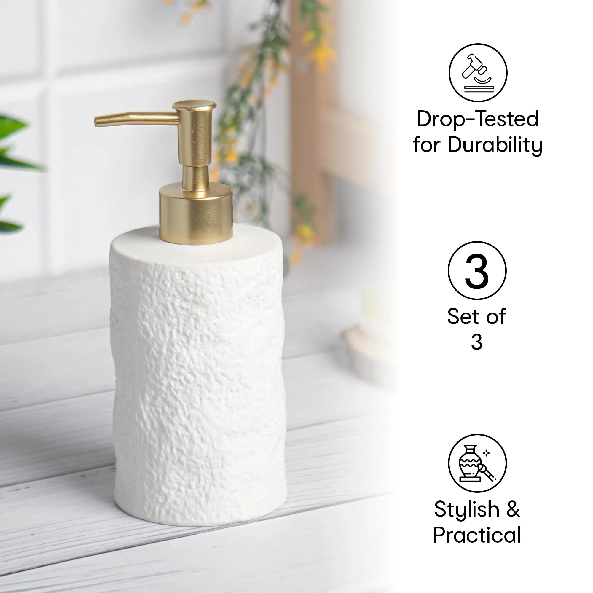 Anko Textured Soap Dispenser- Set of 3 | Bathroom Sanitizer, Lotion, Shampoo| Handwash Bottle for Kitchen | Soap Dispenser for Wash Basin | Bathroom Accessories | 18.4cm (H) x 7.8cm (Dia.)| White