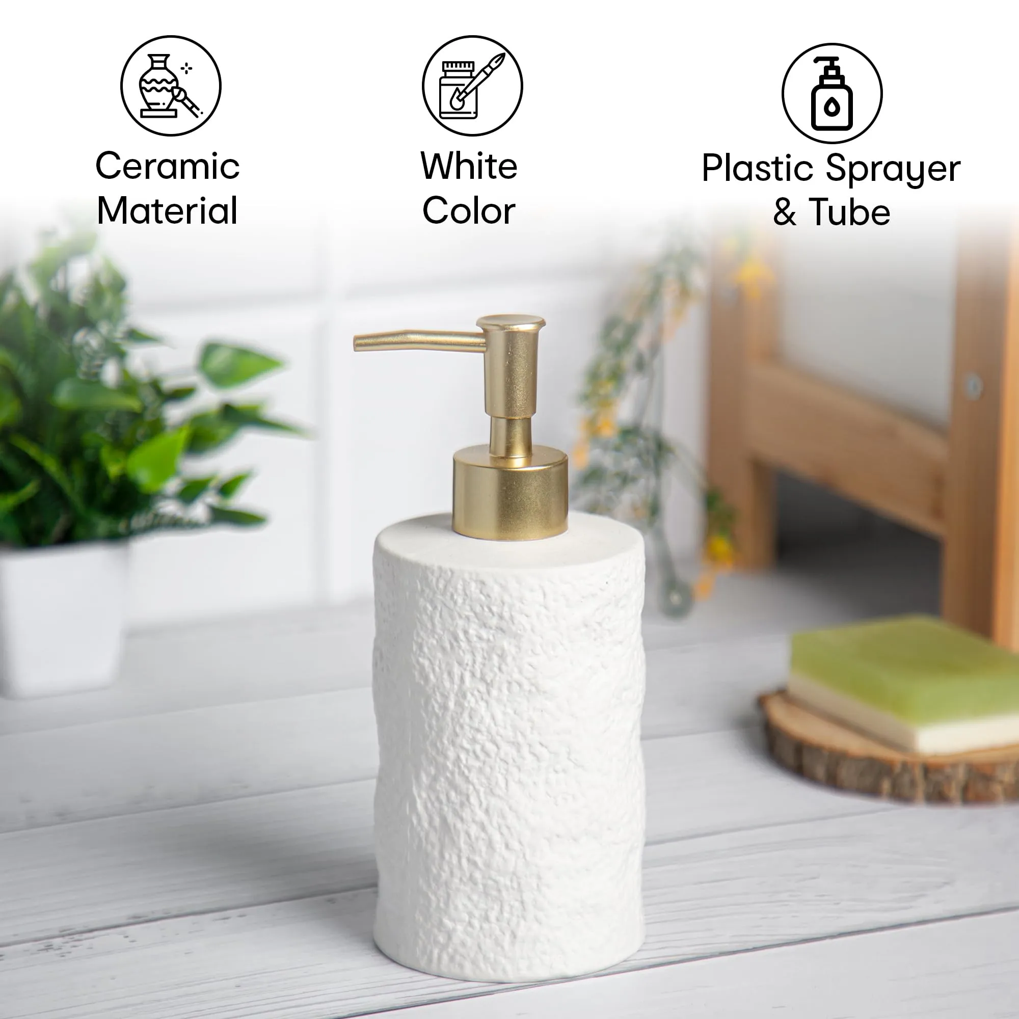 Anko Textured Soap Dispenser- Set of 3 | Bathroom Sanitizer, Lotion, Shampoo| Handwash Bottle for Kitchen | Soap Dispenser for Wash Basin | Bathroom Accessories | 18.4cm (H) x 7.8cm (Dia.)| White