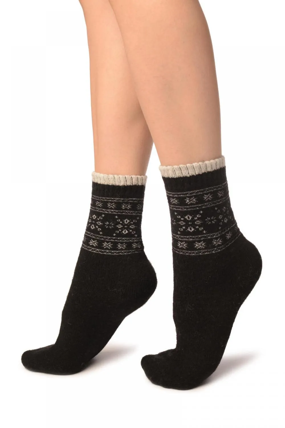 Arctic Snowflakes On Black Angora Ankle High Socks