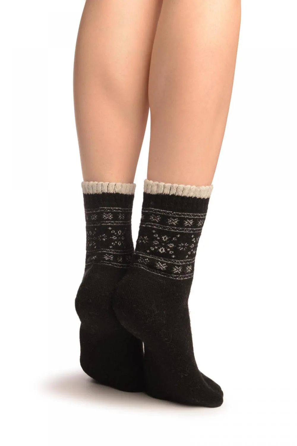 Arctic Snowflakes On Black Angora Ankle High Socks