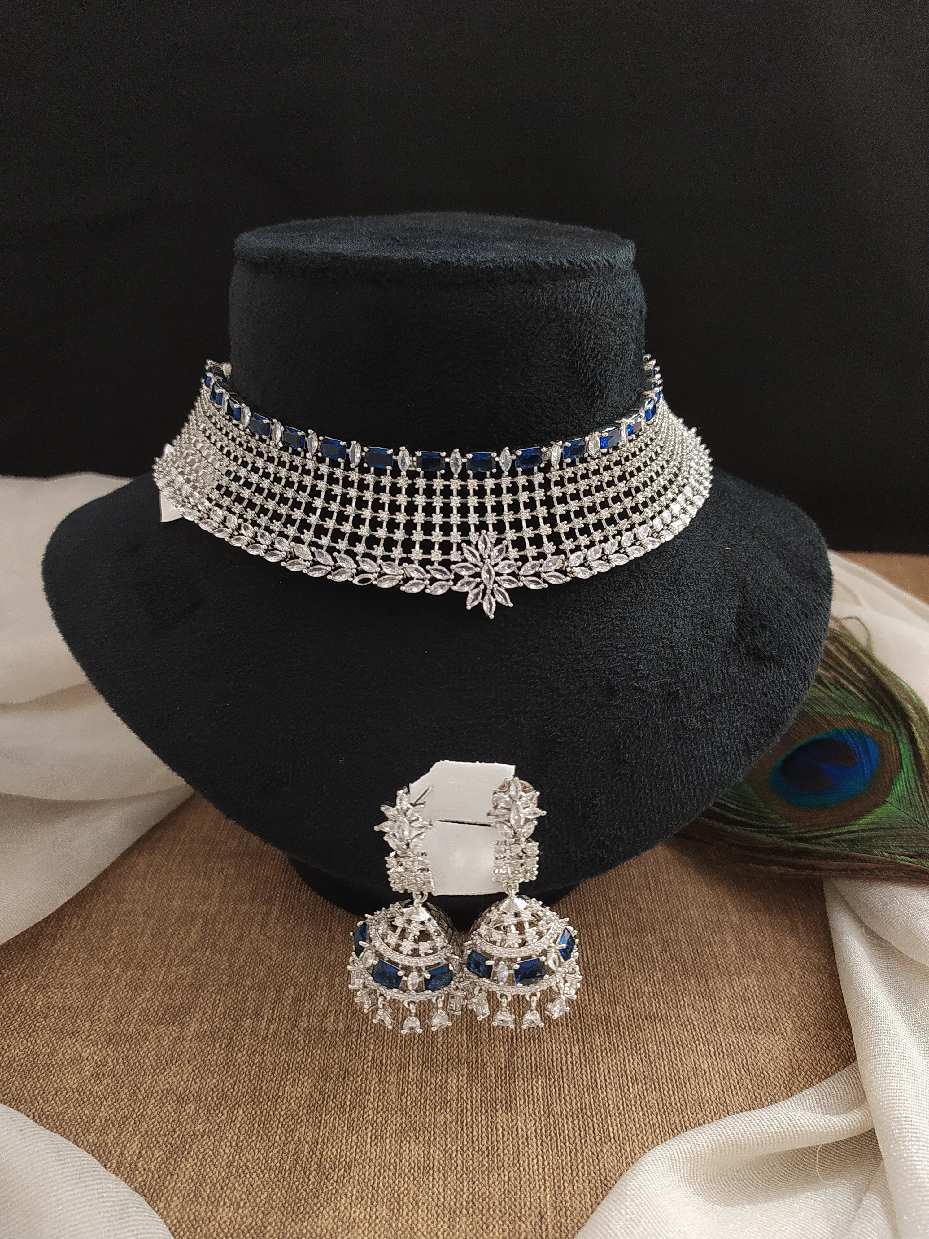 Beautiful Zircon Stones Choker Set In Hydro Blue Color