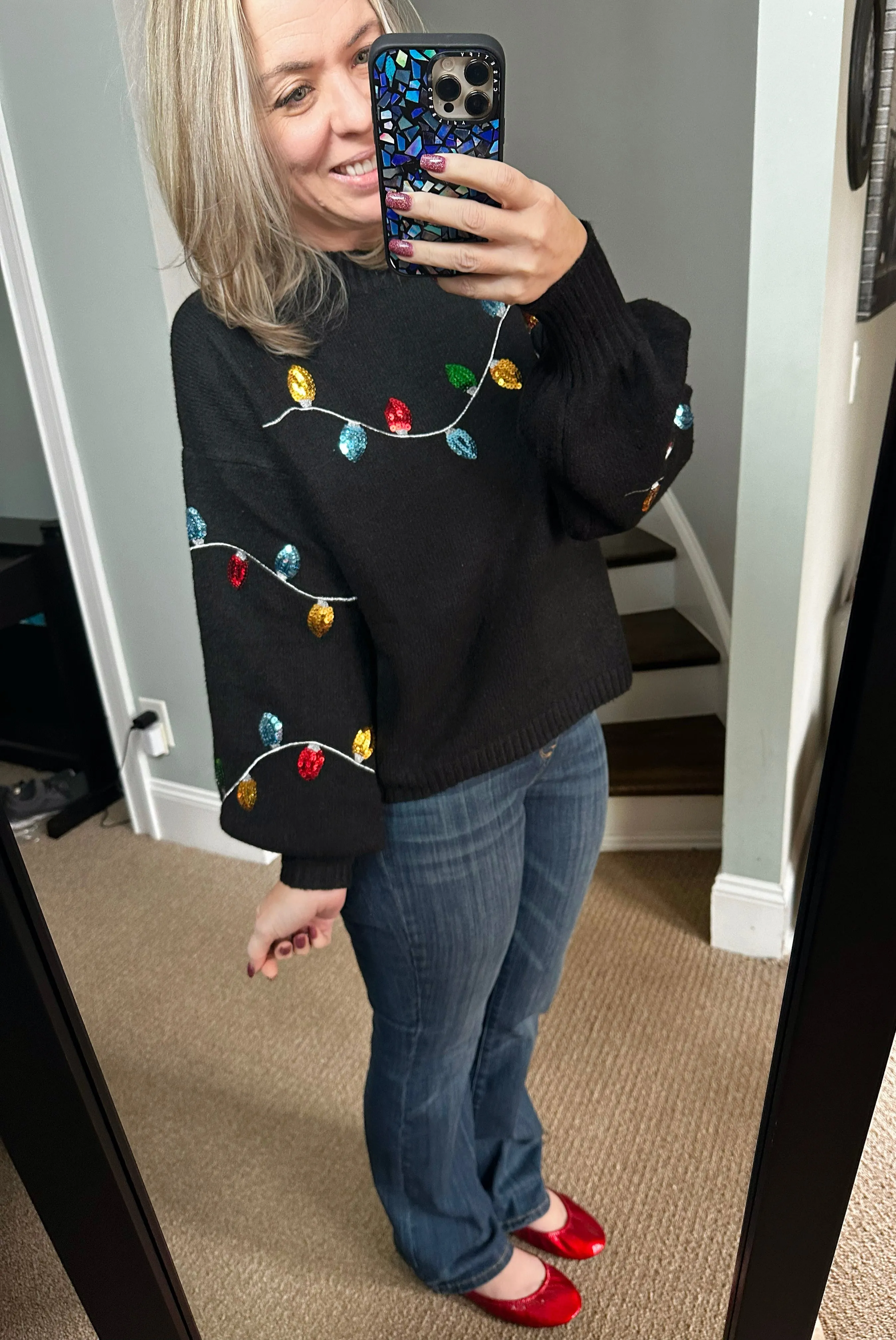 Black Christmas Lights Sequin Sweater