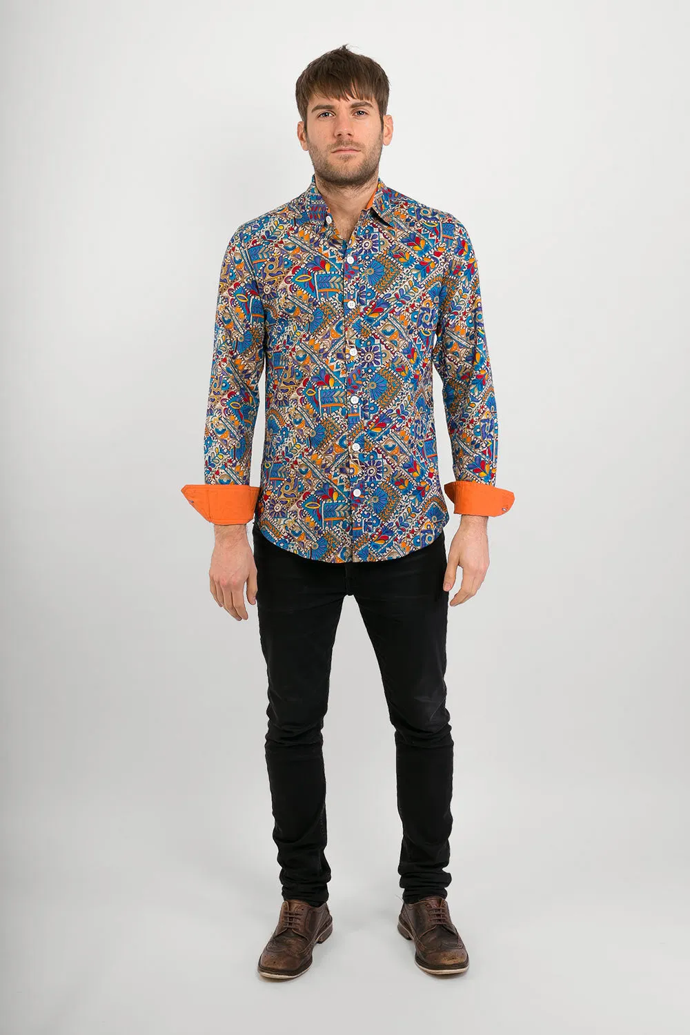 Blue Multi Coloured  Print Cotton Slim Fit Mens Shirt Long Sleeve