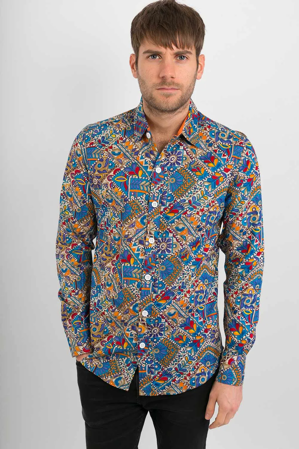 Blue Multi Coloured  Print Cotton Slim Fit Mens Shirt Long Sleeve