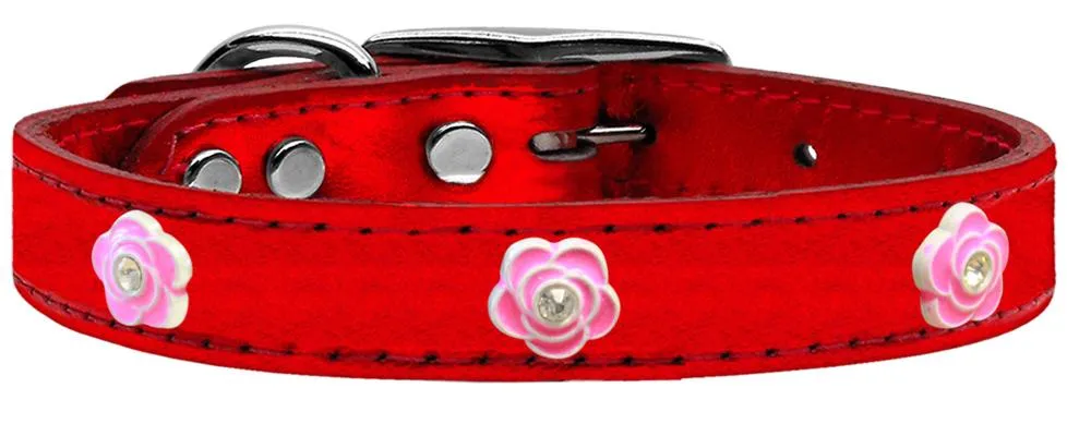 Bright Pink Rose Widget Genuine Metallic Leather Dog Collar Red 16