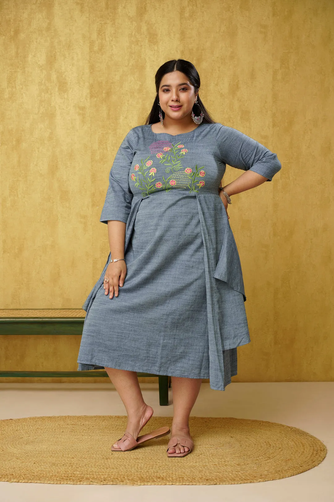 Charming Grey Rayon Slub Dress