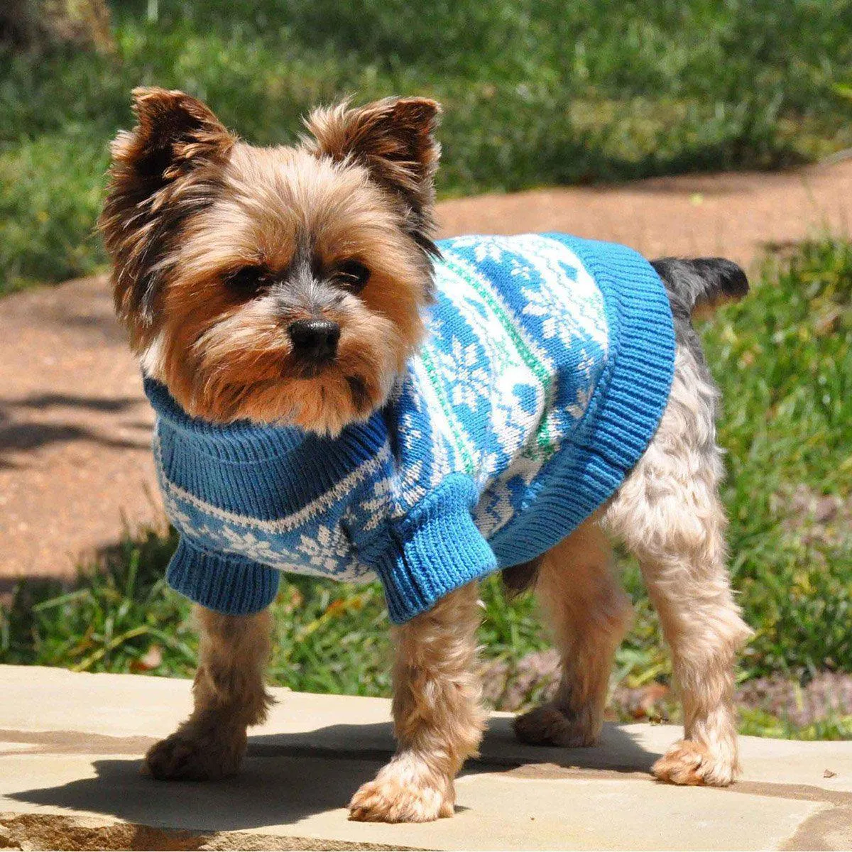 Combed Cotton Snowflake And Hearts Dog Sweater Blue