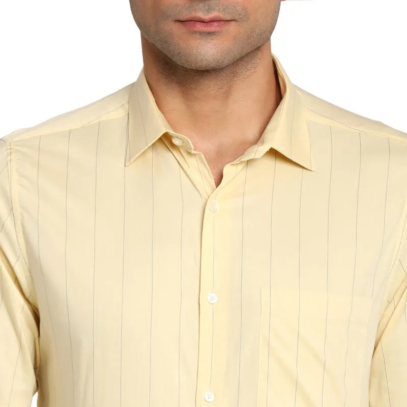 Cotton Beige Slim Fit Striped Formal Shirt