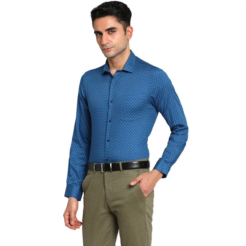 Cotton Blue Slim Fit Printed Formal Shirts