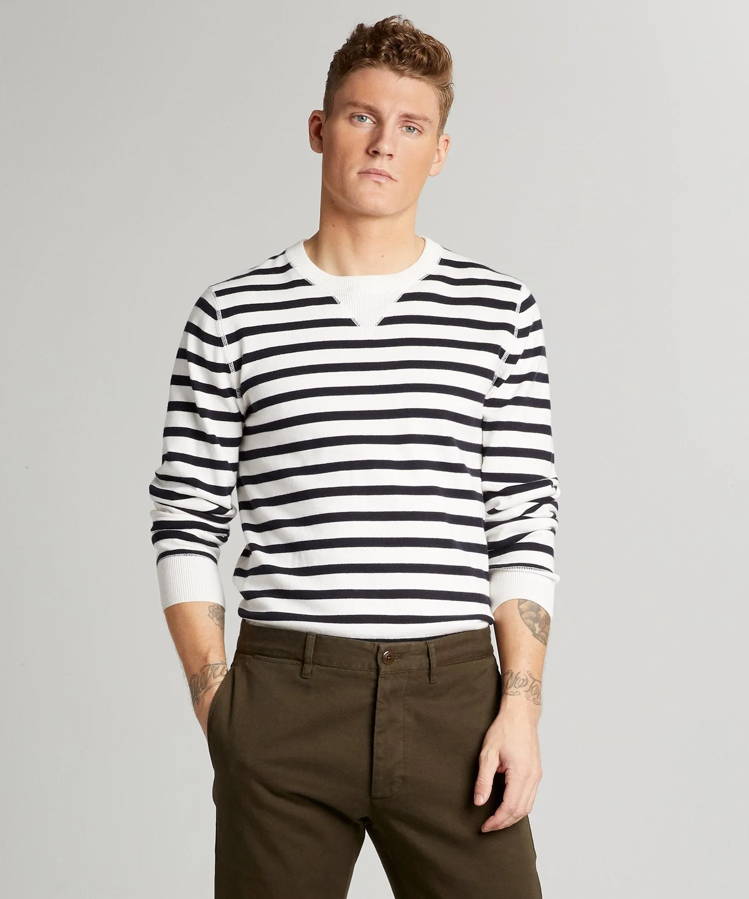 Cotton Cashmere Stripe Sweater in Navy/White