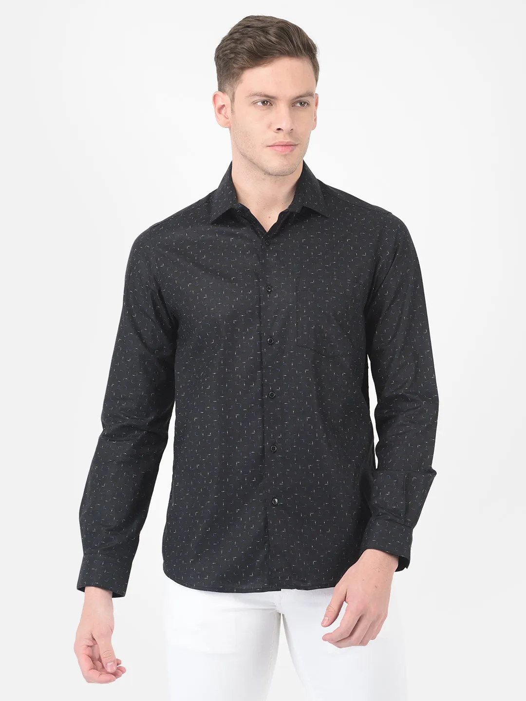 Cotton Linen Black Slim Fit Printed Shirt