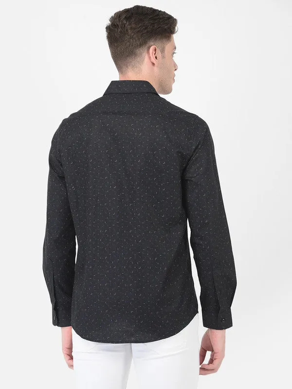 Cotton Linen Black Slim Fit Printed Shirt