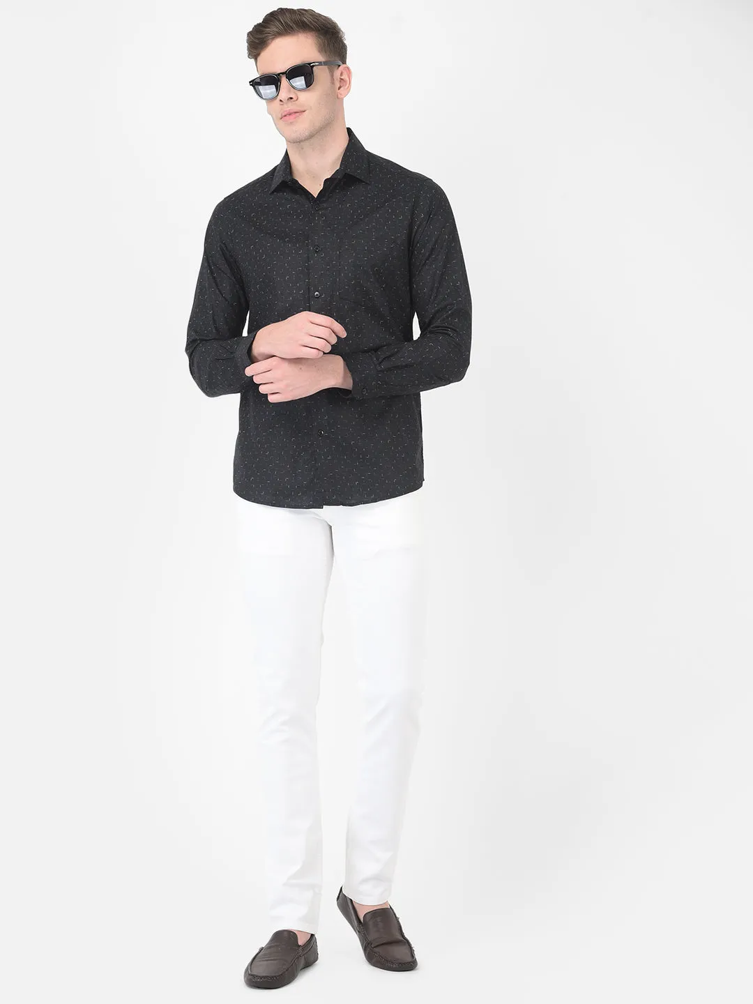 Cotton Linen Black Slim Fit Printed Shirt