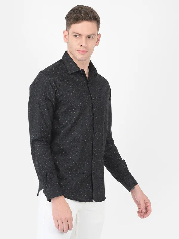 Cotton Linen Black Slim Fit Printed Shirt