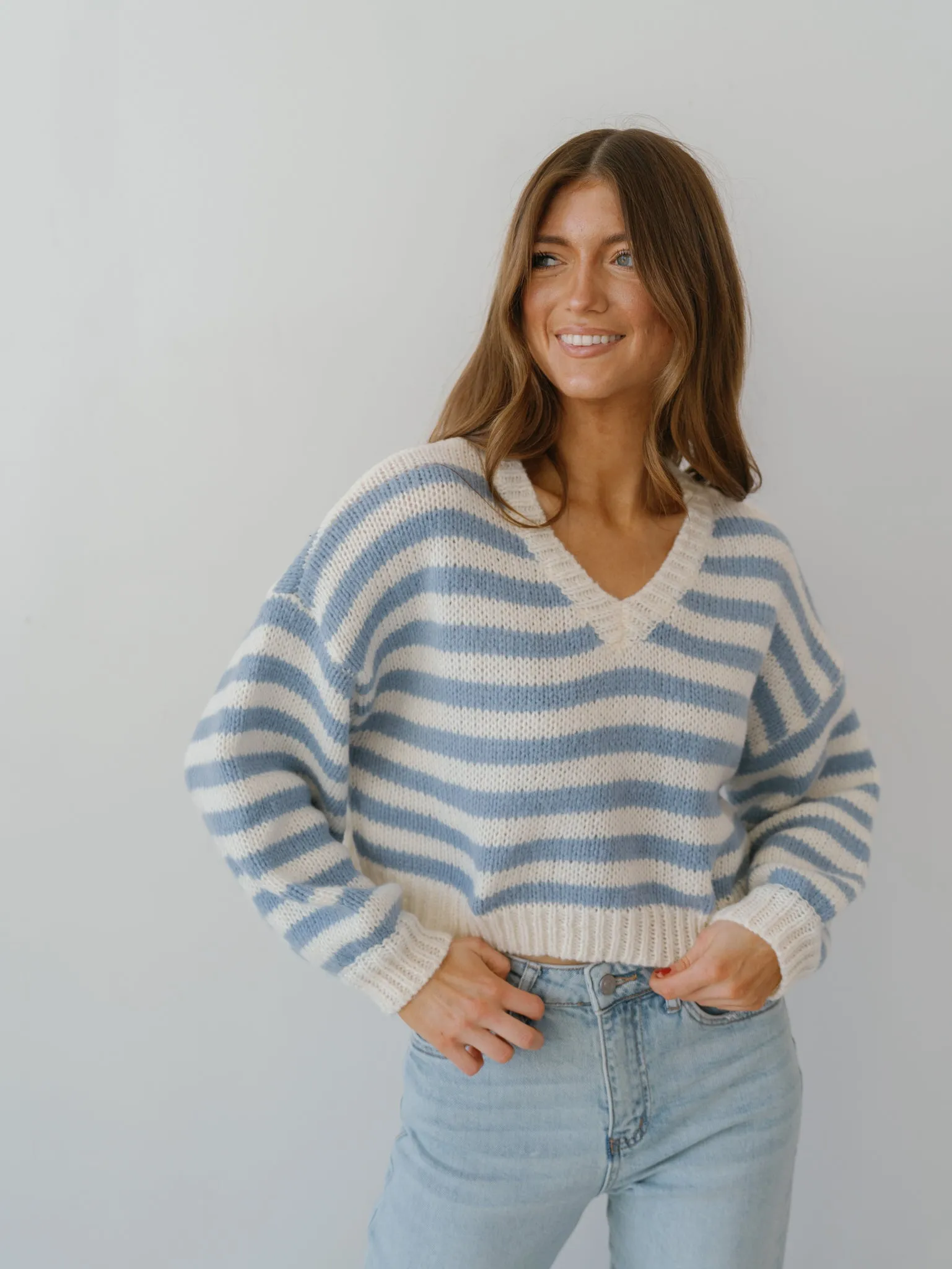 Cozy Moments Sweater - White/Lt. Blue Stripe