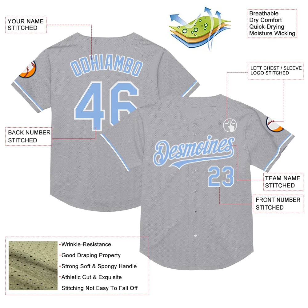 Custom Gray Light Blue-White Mesh Authentic Throwback Baseball Jersey