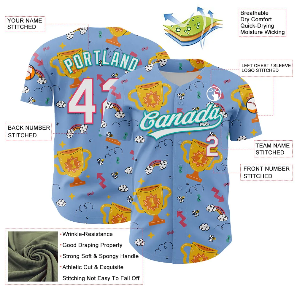 Custom Light Blue Neon Pink-Aqua 3D Pattern Design Champion Trophy Authentic Baseball Jersey