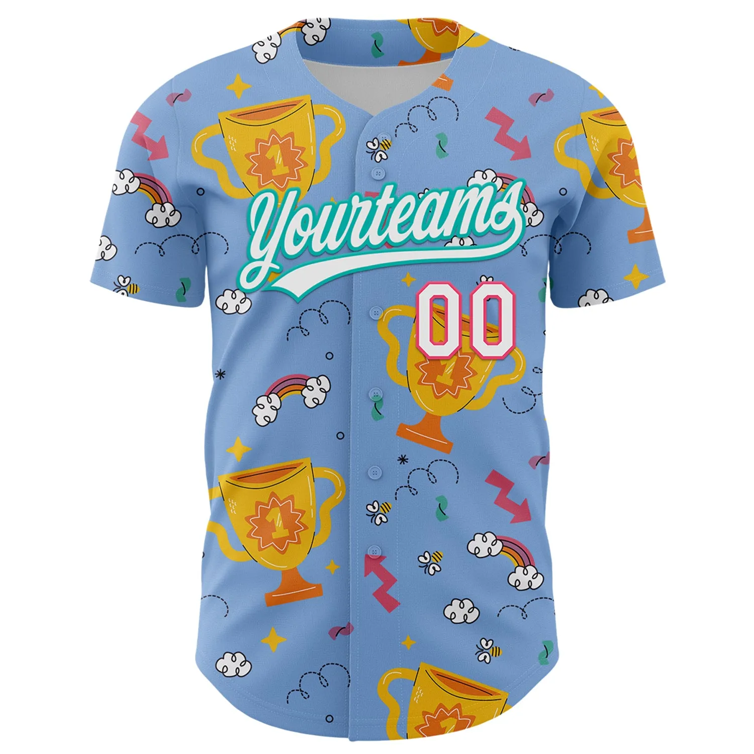 Custom Light Blue Neon Pink-Aqua 3D Pattern Design Champion Trophy Authentic Baseball Jersey