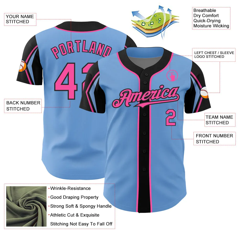 Custom Light Blue Pink-Black 3 Colors Arm Shapes Authentic Baseball Jersey