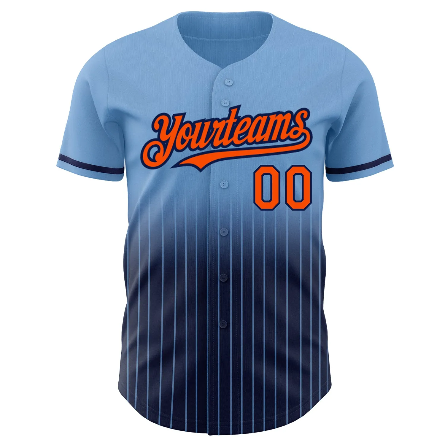 Custom Light Blue Pinstripe Orange-Navy Authentic Fade Fashion Baseball Jersey