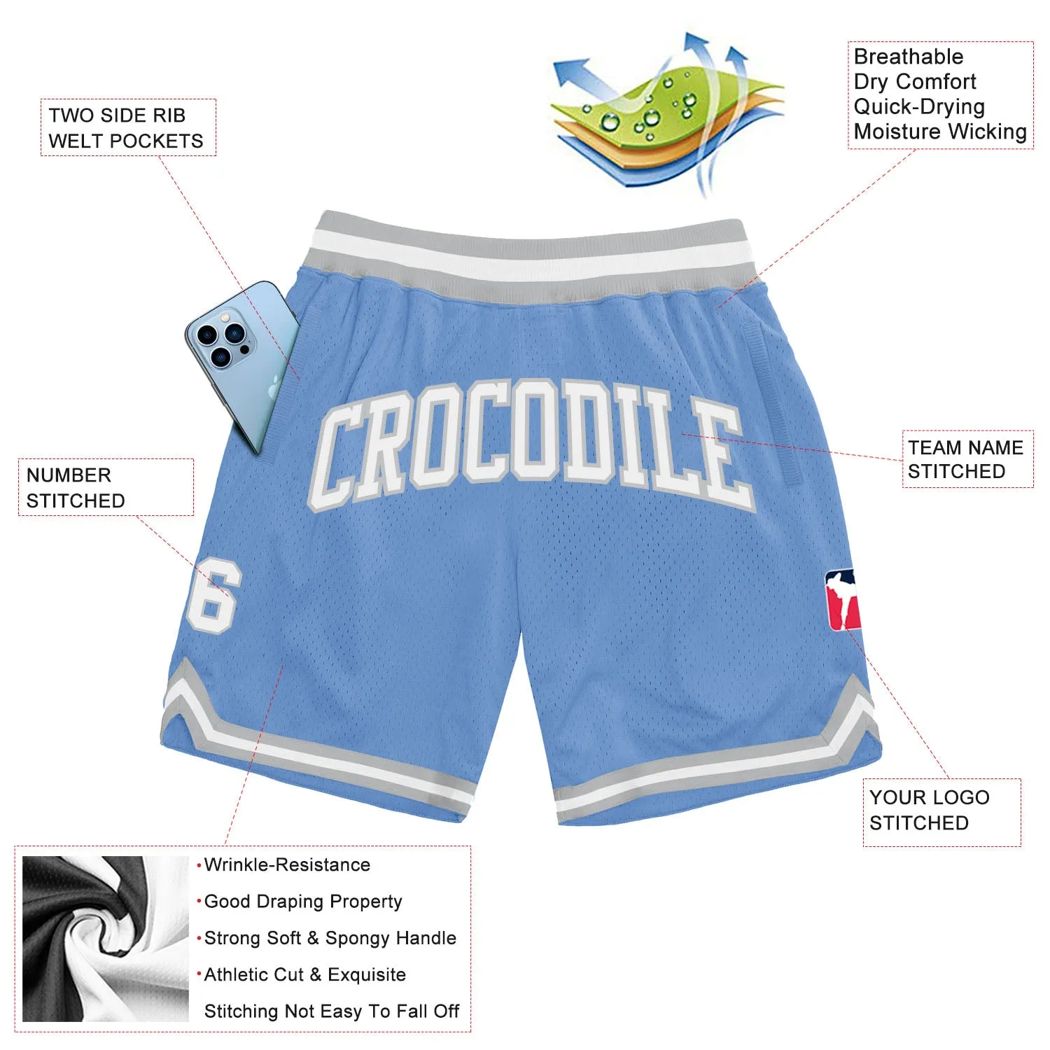 Custom Light Blue White-Gray Authentic Throwback Basketball Shorts