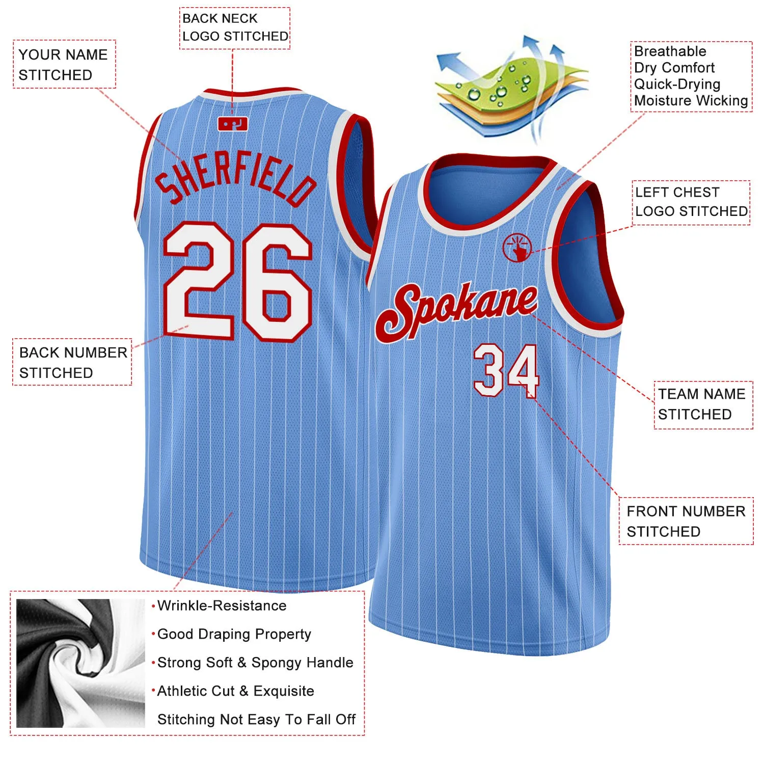 Custom Light Blue White Pinstripe White-Red Authentic Basketball Jersey