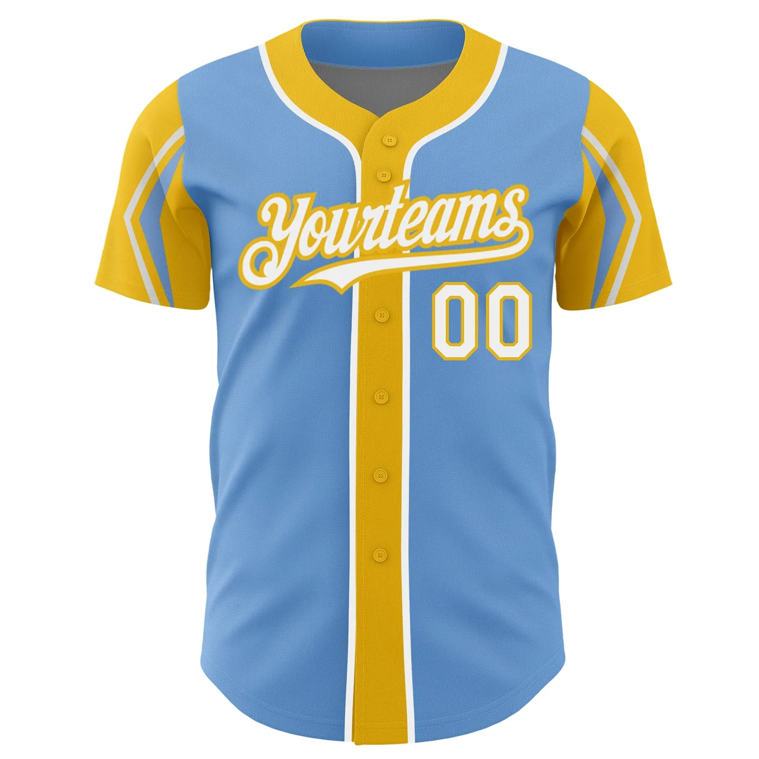 Custom Light Blue White-Yellow 3 Colors Arm Shapes Authentic Baseball Jersey