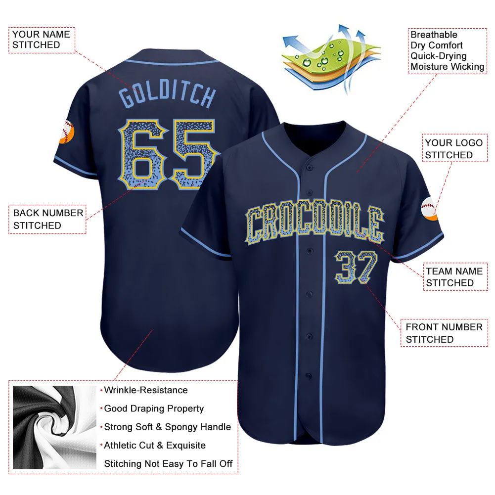 Custom Navy Light Blue-Gold Authentic Drift Fashion Baseball Jersey