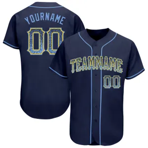 Custom Navy Light Blue-Gold Authentic Drift Fashion Baseball Jersey