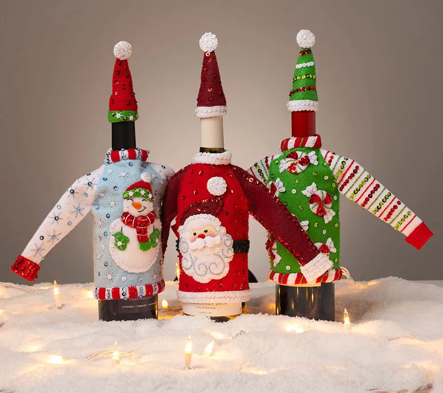 DIY Bucilla Holiday Sweaters Christmas Bottle Covers Felt Craft Kit