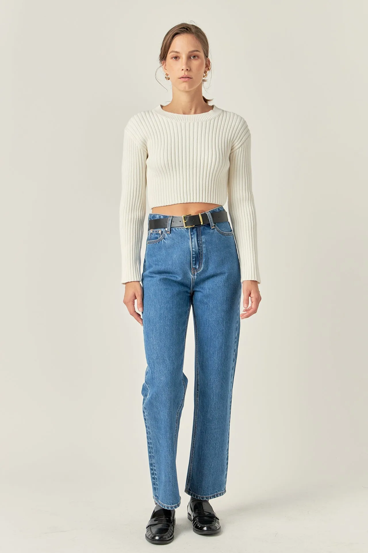 English Factory - Cropped Ribbed Knit Sweater