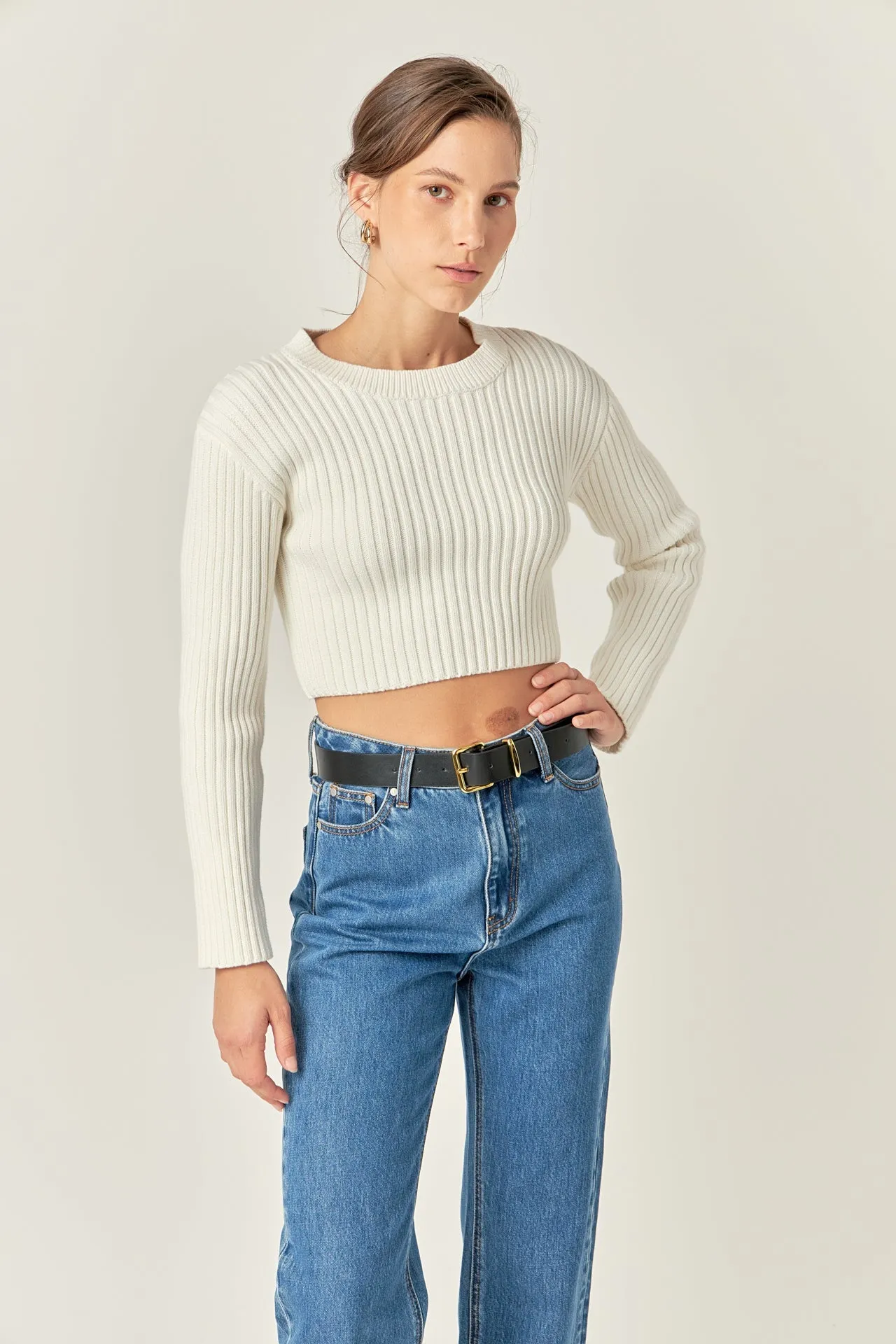 English Factory - Cropped Ribbed Knit Sweater