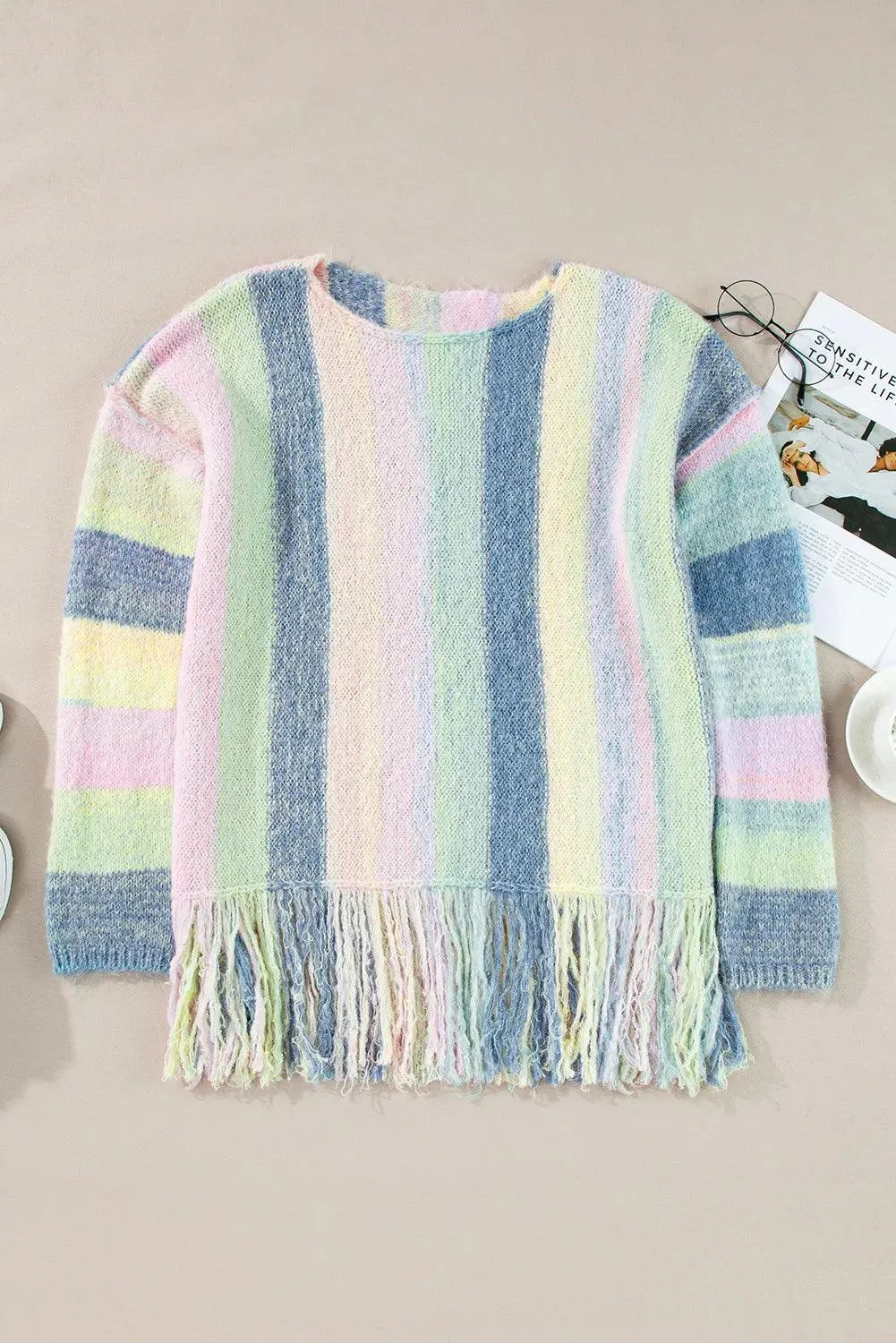 Fringe Color Block Round Neck Sweater