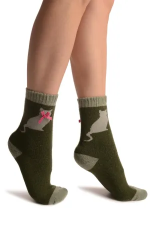 Green With Cute Cat & Satin Bow Angora Ankle High Socks