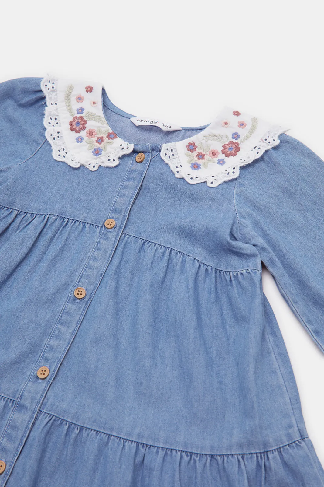 Infant Girls Blue Embroidered Denim Dress