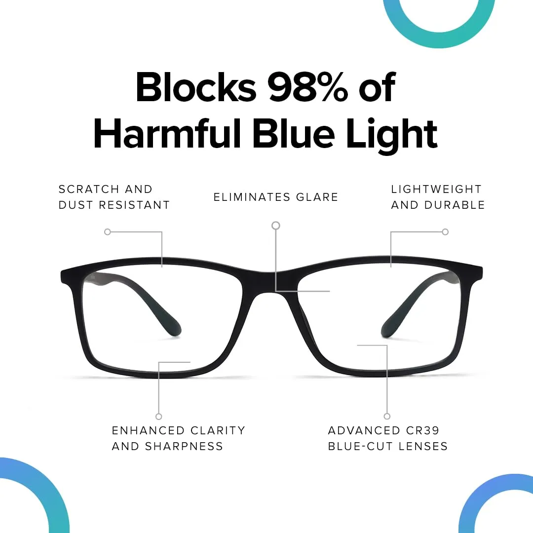 Intellilens® Square Blue Cut Computer Glasses for Eye Protection | Zero Power, Anti Glare & Blue Light Filter Glasses | Frames & Blue Cut Lenses (Black) Pack of 24