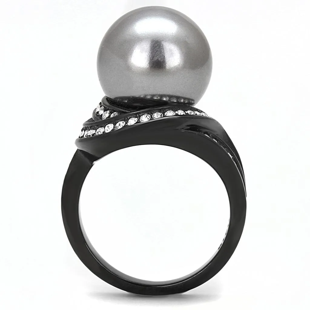 IP Black(Ion Plating) Stainless Steel Ring with Synthetic Pearl in Gray for Women Style TK3052