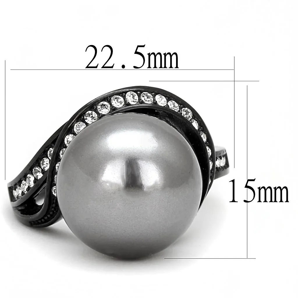 IP Black(Ion Plating) Stainless Steel Ring with Synthetic Pearl in Gray for Women Style TK3052