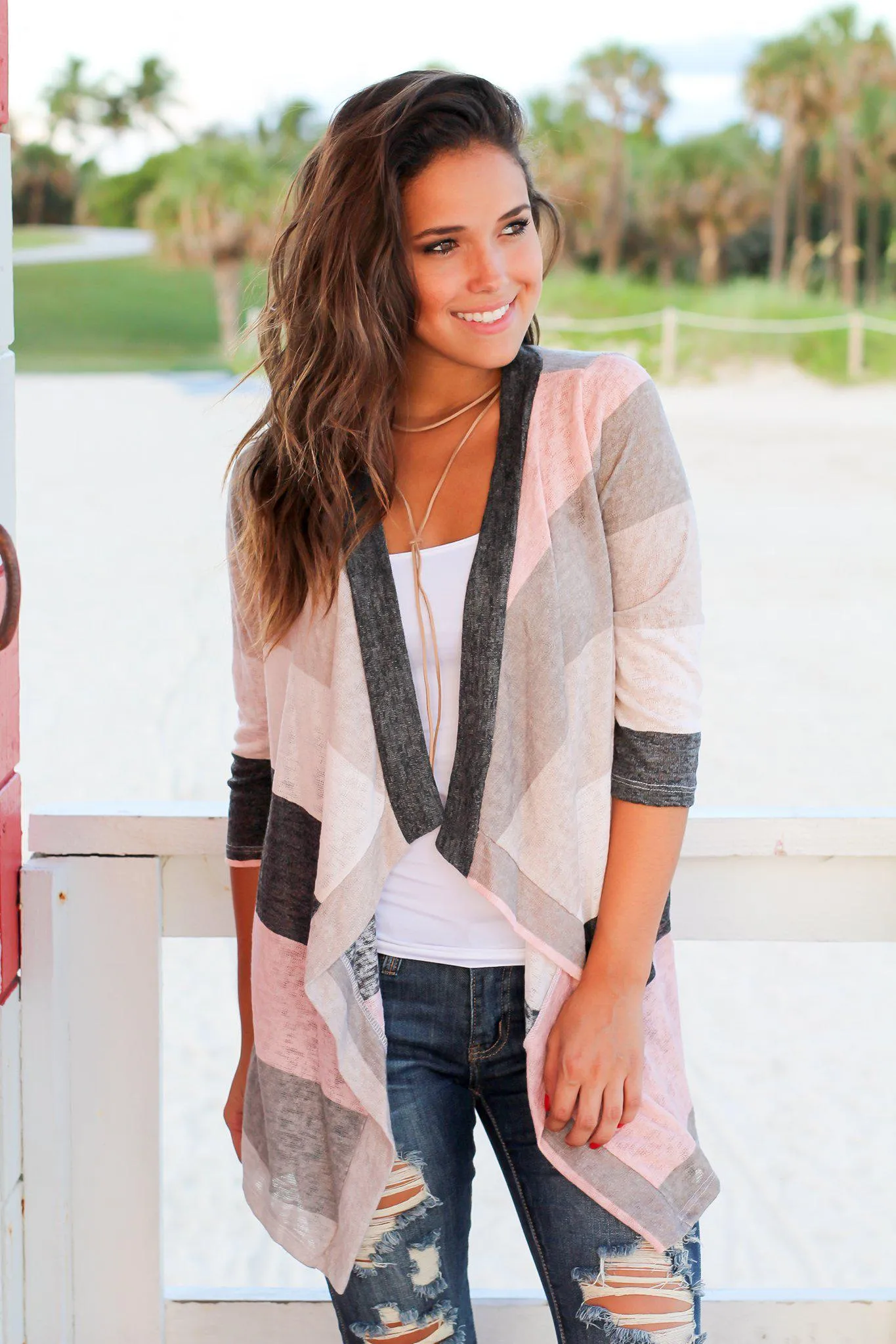 Ivory and Pink Color Block Cardigan